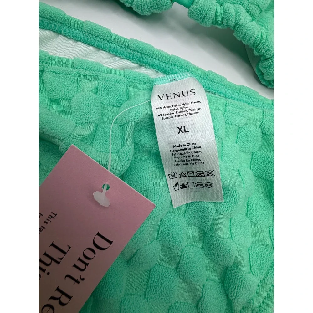Venus Bikini Set Women XL Mint Green Textured Checkerboard Triangle Side Tie NEW
